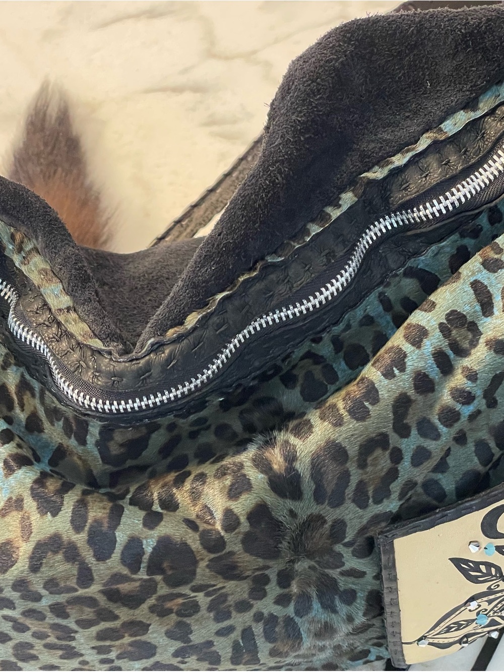 Handcrafted Teal Leopard Leather Shoulder Bag with Embossed Pocket - Picture 4 of 16